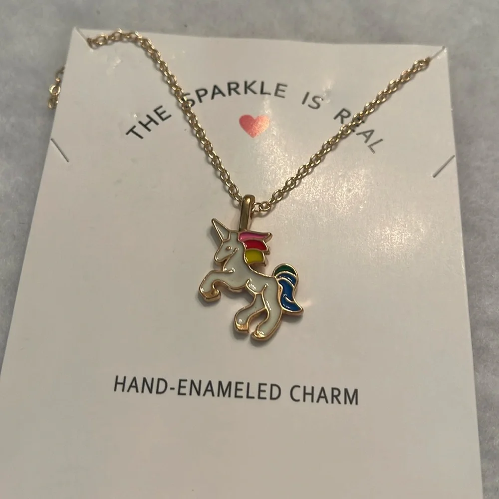 Colorful Unicorn Pendant Necklace nwt with extender, gold tone